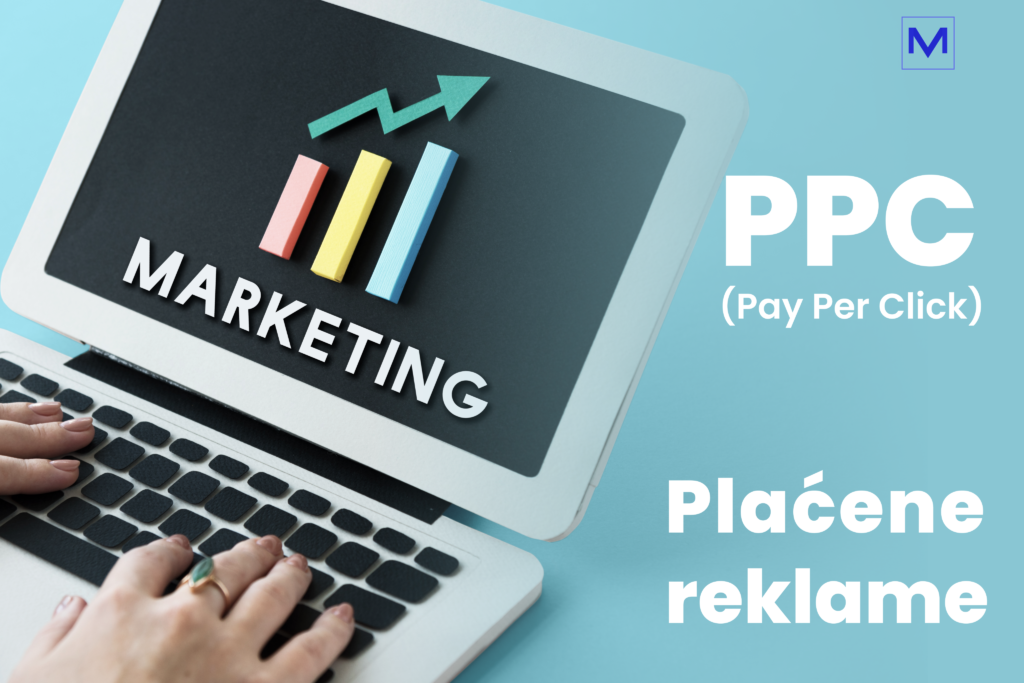 PPC plaćene reklame uz laptop sa marketing slicicom. VM Digital dizajn tim.