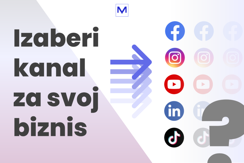 5 strelica pokazuje izbor 5 najboljih kanala za biznis- Facebook, Instagram, YouTube, Linkedin, TikTok. Slika se nalazi na VM Digital blogu, pod brendom bloga VM Disconnect