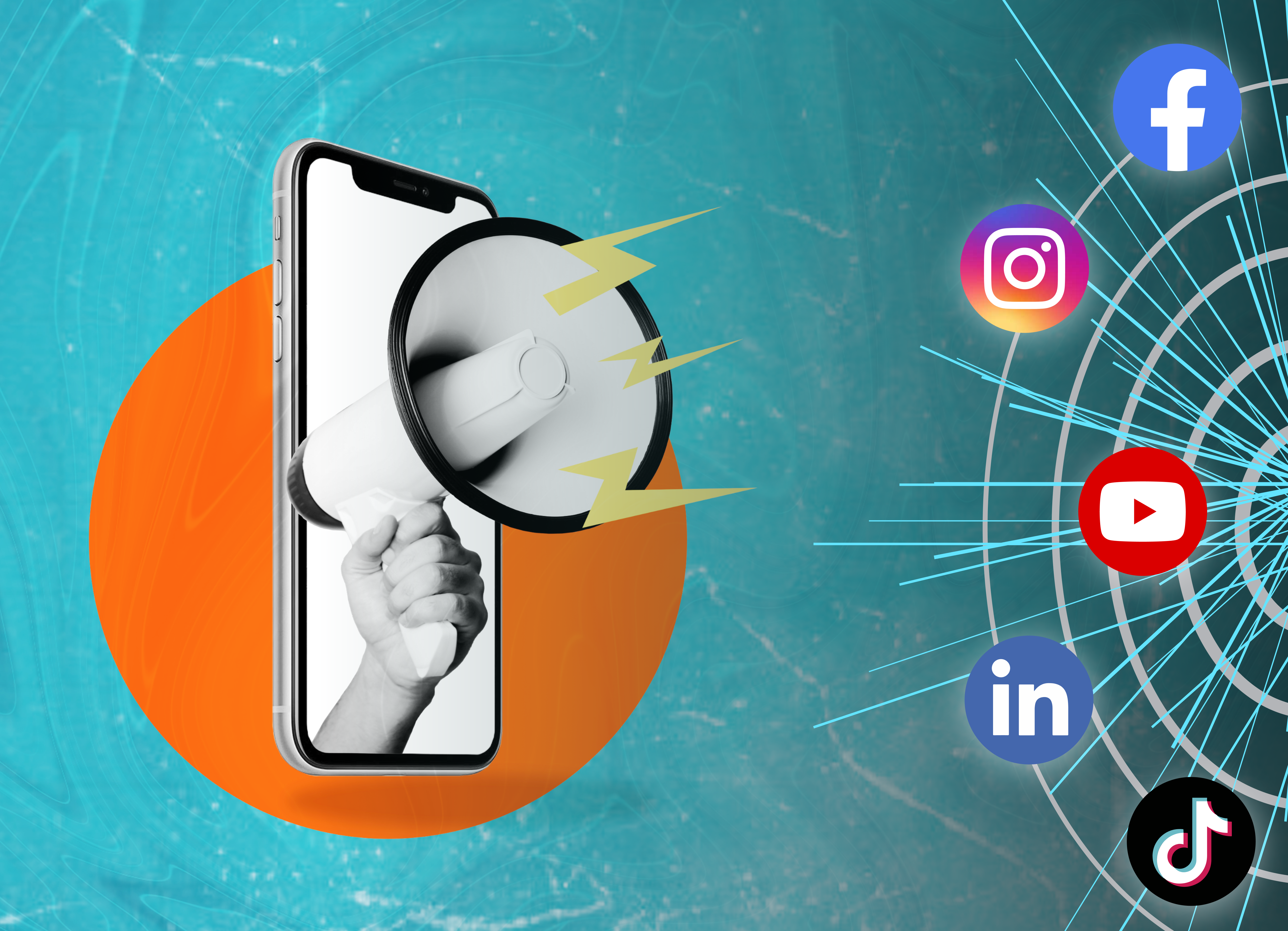 Koja društvena mreža je najbolja za moj mali biznis? VM Digital novi blog tekst. Telefon sa megafonom dok se desno nalaze logoi najpopularnijih društevenih mreža.