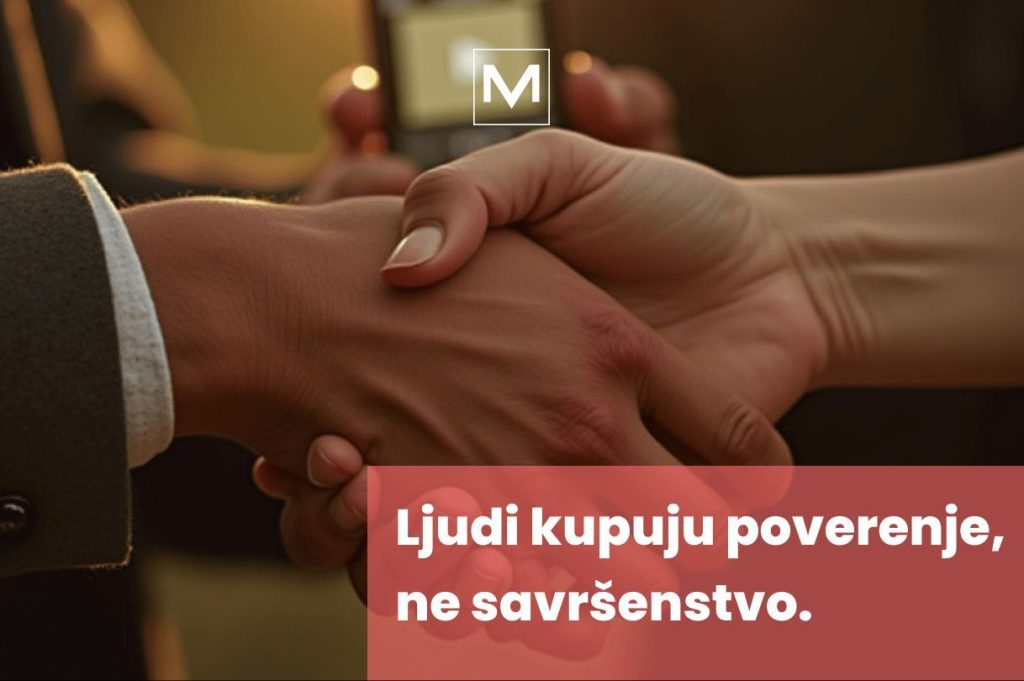 Ljudi kupuju poverenje ne savrsenstvo dok se dve sake rukuju. VM Disconnect