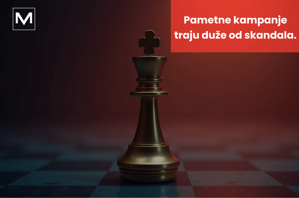 Šah i kraljica sa tekstom na slici gde piše da pametne kampanje traju duže od skandala.