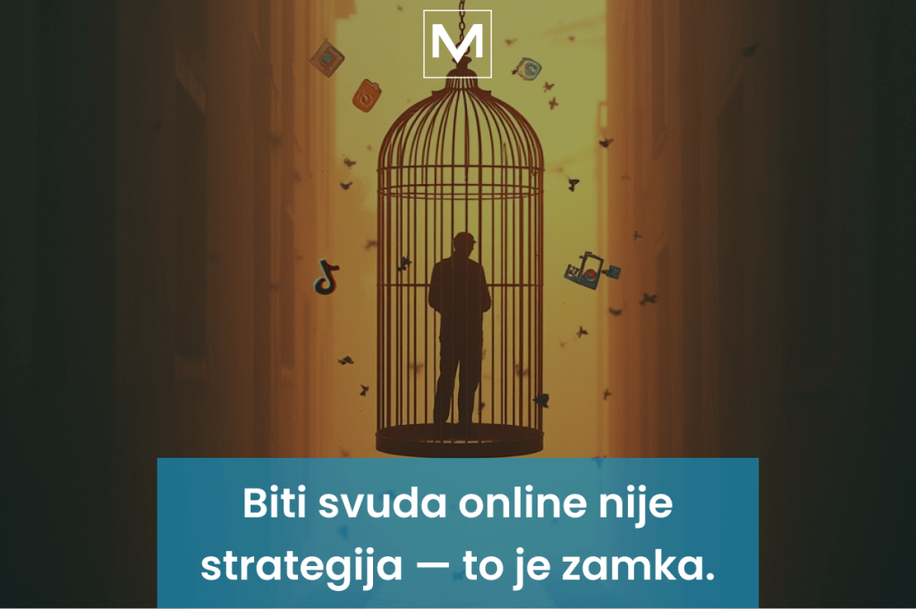 Digitalni minimalizam i osoba u kavezu sa tekstom biti svuda online nije strategija to je zamka. Novi blog VM Digital ekipe i njihovog portala o digitalnom marketingu VM Disconnect.