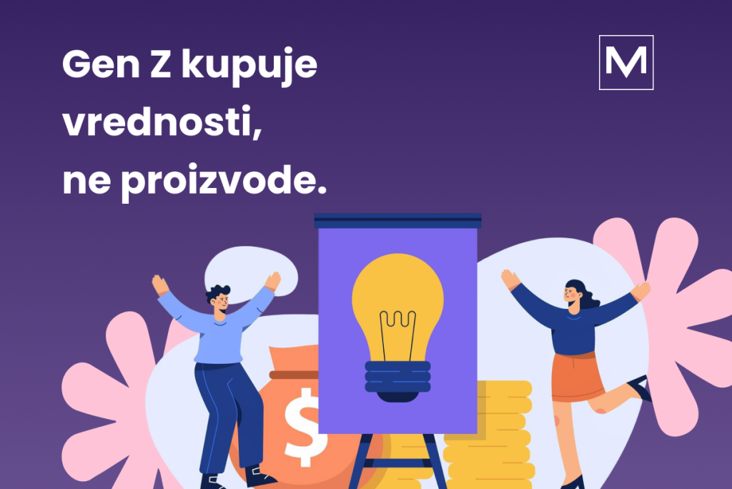 Muškarac i žena se raduju novoj ideji. Na slici je napisano Gen Z kupuje vrednosti, ne proizvode. Novi blog VM Digital agencije i njihovog portala VM Disconnect pod nazivom "Gen Z marketing: šta mladi očekuju od brendova i ko ih je već osvojio"