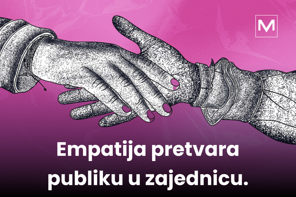 Na slici su dve ruke koje se rukuju. Napisano je na slici: Empatija pretvara publiku u zajednicu. U novom blogu VM Disconnect tim piše o važnosti empatije u marketingu.